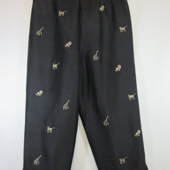 Silk Capri Black Embroidered Safari Animals Tiger Lion Giraffe Pants - Picture 2 of 9